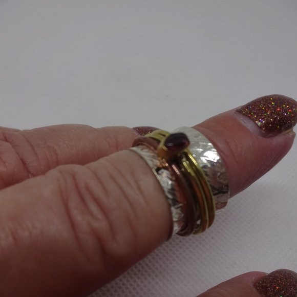Whimsical "RUBELLITE SPINNER RING" Handmade in SILVER, COPPER & GOLD Size 8 #950 - Picture 2 of 3